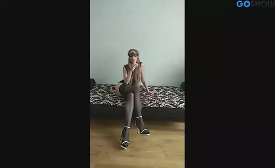 Teasing in Black Stockings and Sandals Stimulating Masturbation Scenario
